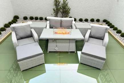 Loveseat Sofa with 2 Reclining Chair, Firepit Dining Table, 2 Big Stool & 2 Side Table