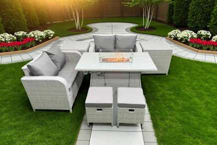 2 Loveseat Sofa with Firepit Dining Table, 2 Stool & 2 Side Table