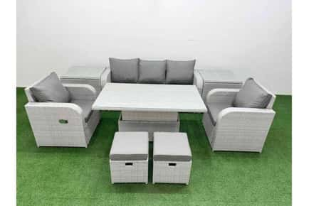 Lounge Sofa with 2 Reclining Chair, Adjustable Lifting Table, 2 Stool & 2 Side Table