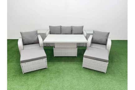 Lounge Sofa with 2 Reclining Chair, Adjustable Lifting Table, 2 Stool & 2 Side Table