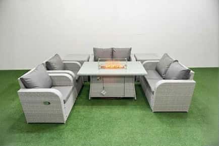 2 Loveseat Sofa with 2 Reclining Chair, Firepit Dining Table & 2 Side Table