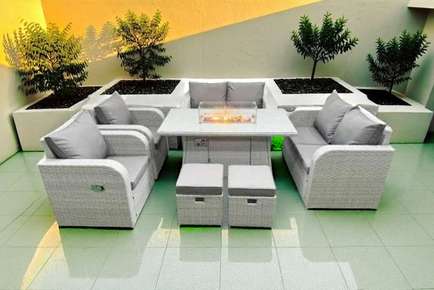 2 Loveseat Sofa with 2 Reclining Chair, Firepit Dining Table, 2 Stool & Side Table