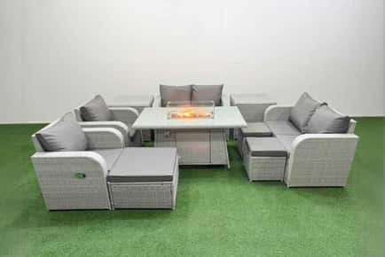 2 Loveseat Sofa with 2 Reclining Chair, Firepit Dining Table, 3 Stool & 2 Side Table