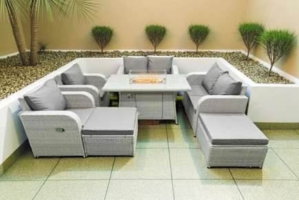 2 Loveseat Sofa with 2 Reclining Chair, Firepit Dining Table & 2 Stool