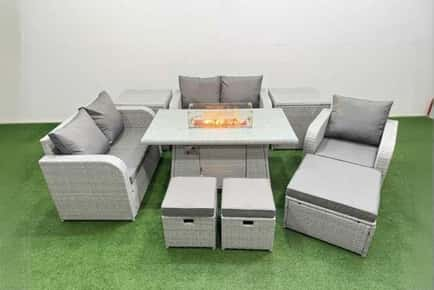 Loveseat Sofa with 2 Reclining Chair, Firepit Dining Table, 2 Stool & 2 Side Table