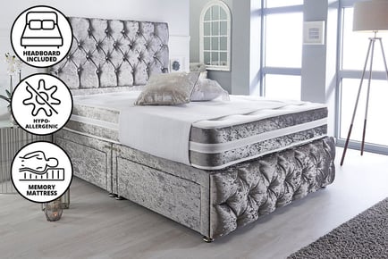 A Modern Chesterfield Silver Crushed Velvet Divan Bed, Superking, 4 Drawers