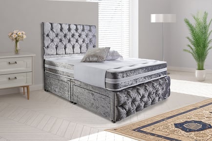 A Modern Chesterfield Silver Crushed Velvet Divan Bed, Superking, 4 Drawers