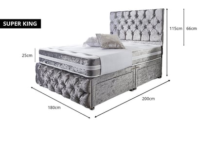 A Modern Chesterfield Silver Crushed Velvet Divan Bed, Superking, 4 Drawers