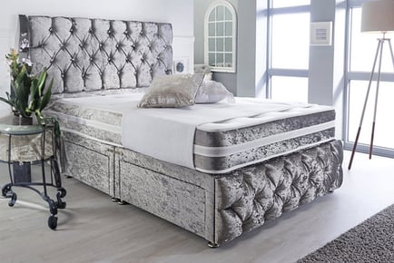 A Modern Chesterfield Silver Crushed Velvet Divan Bed, Superking, 4 Drawers