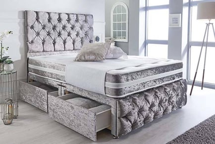 A Modern Chesterfield Silver Crushed Velvet Divan Bed, Superking, 4 Drawers