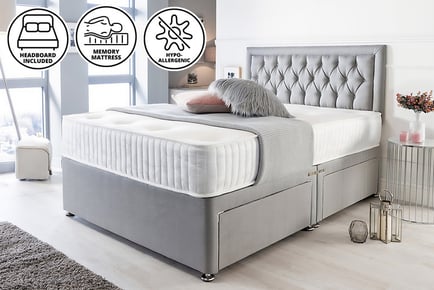 Suede Divan Bed Set, Mattress and Headboard, Superking, 4 drawers