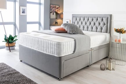 Suede Divan Bed Set, Mattress and Headboard, Superking, 4 drawers