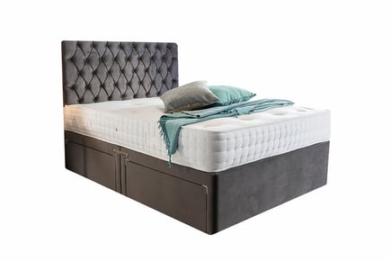 Velvet plush divan bed with headboard and mattress, Super King, 4 Drawers