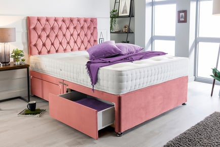 Pink plush divan set with headboard and open sprung mattress, Super king, 4 Drawers