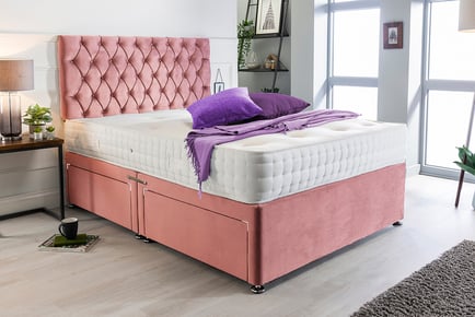 Pink plush divan set with headboard and open sprung mattress, Super king, 4 Drawers