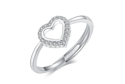 925 Sterling Silver Cubic Zirconia Heart Open Ring - Adjustable!