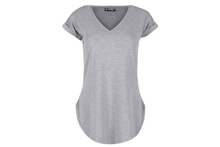 Plain V-Neck Curved Hem T-Shirt - UK Sizes 8-26 & 10 Colours