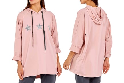 Women's Oversized Embellished Star Hooded Sweatshirt - 3 UK Sizes & 6 Colours!