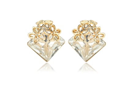 Gold Tone Plated Clip-On Flower & Crystal Earrings
