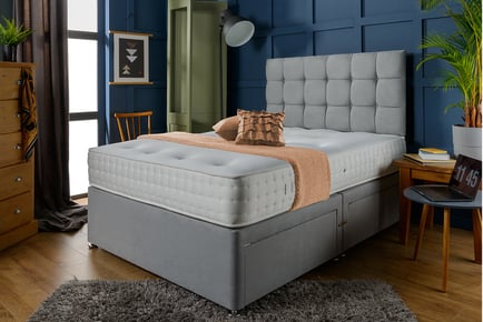 Suede York Divan Bed Set w/ Open Sprung Memory Foam Mattress - 6 Sizes & 3 Colours!