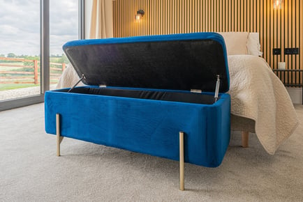 Blue Velvet Ottoman Storage Bench w/ Metal Legs