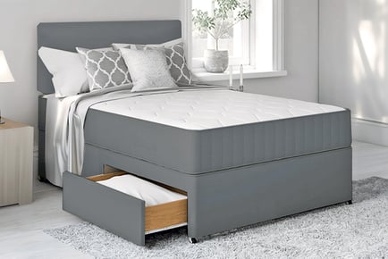 Grey divan bed with headboard and mattress, Super King, 4 Drawers