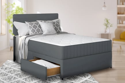 Grey divan bed with headboard and mattress, Super King, 4 Drawers