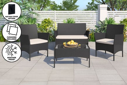 BLACK / WITH COVER: A 4 piece rattan garden set