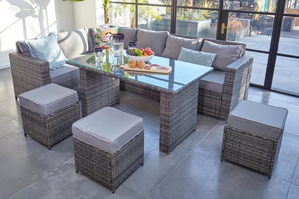 BROWN WITH COVER: A nine-seater L-shaped rattan dining set