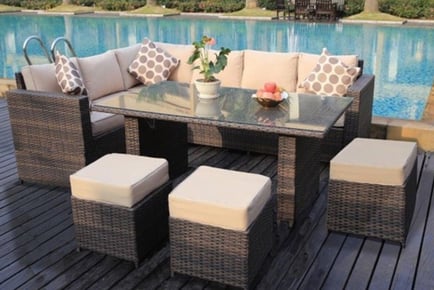 BROWN WITH COVER: A nine-seater L-shaped rattan dining set