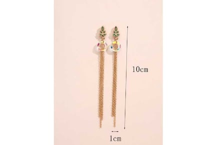 Golden Crystal Leaf and Tassel Earrings