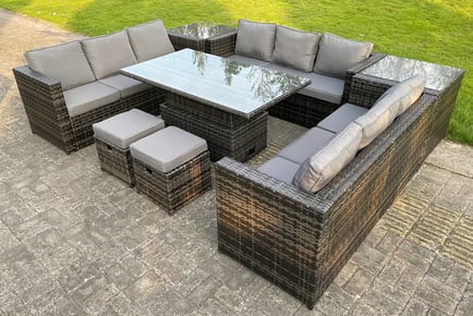 11-seater u-shaped rattan sofa with adjustable table, light grey