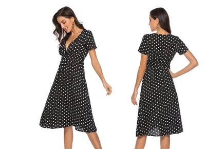 Women's V-Neck Polka Dot Dress - 3 Colours & UK Sizes 8-16