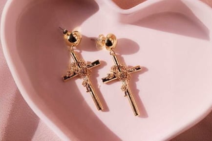 Rose Gold Tone Rose Cross drop earrings