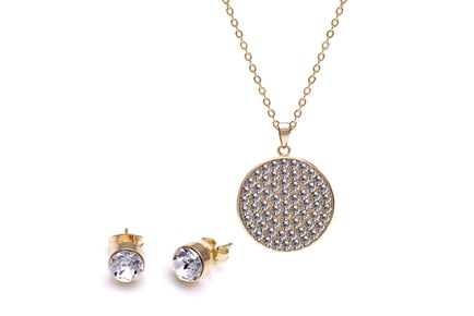 18K plated Pave Disc Pendant and Stud Set with Luxury Crystals