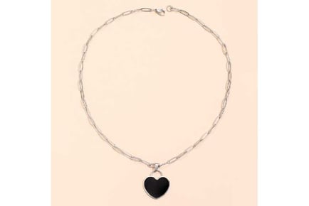 Heart Black Enamel Silver Tone Necklace