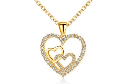 Double Heart Crystals Gold Tone Necklace