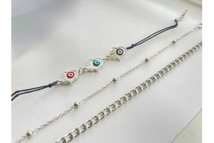 3 Pcs Hamsa Hand Evil Eyes Silver Anklet