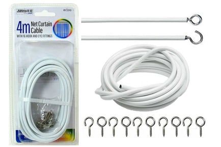 4m White Net Curtain Cable with Hooks and Eyes