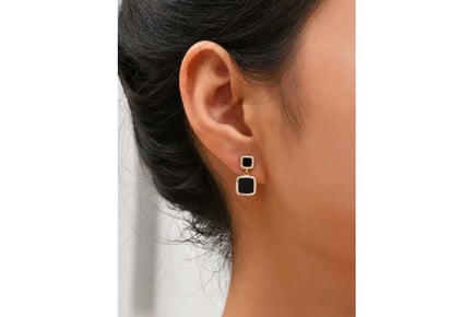 Gold Tone Square Black Drop Earrings