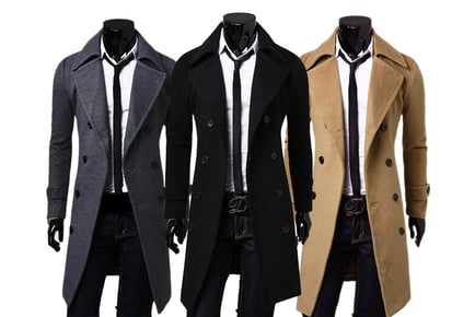 Men's Double-Breasted Long Coat - Black, Grey, Or Khaki