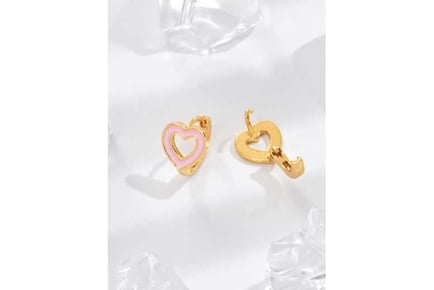 Pink Love Heart Hoop Gold Earrings