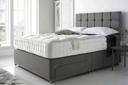 Grey Linen Divan Bed with Cube Headboard And Orthopedic Mattress, 6ft Superking, 4 Drawer