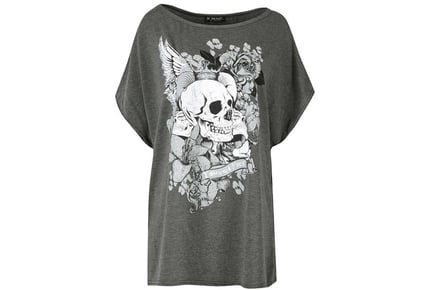 Skull Graphic Print Oversized Off Shoulder T-Shirt