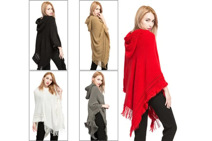 Womens Knitted Hooded Poncho - 5 Colours!