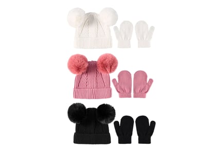 Kids Knitted Pompom Hat And Gloves Set
