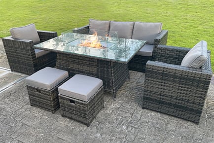 7-Seater Gas Fire Pit Armchair Rattan Garden Furniture Set