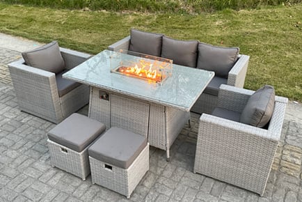 7-Seater Gas Fire Pit Armchair Rattan Garden Furniture Set