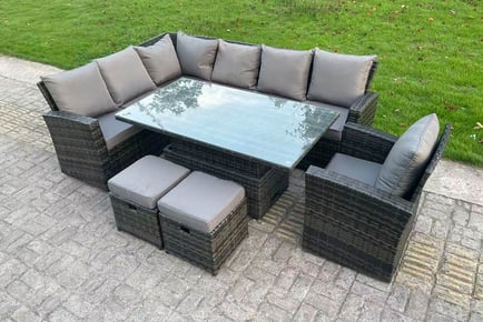 9-Seater High Back Rattan Garden Furniture Set - Adjustable Table!