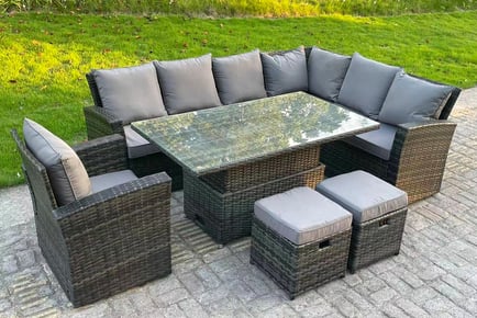 9-Seater High Back Rattan Garden Furniture Set - Adjustable Table!